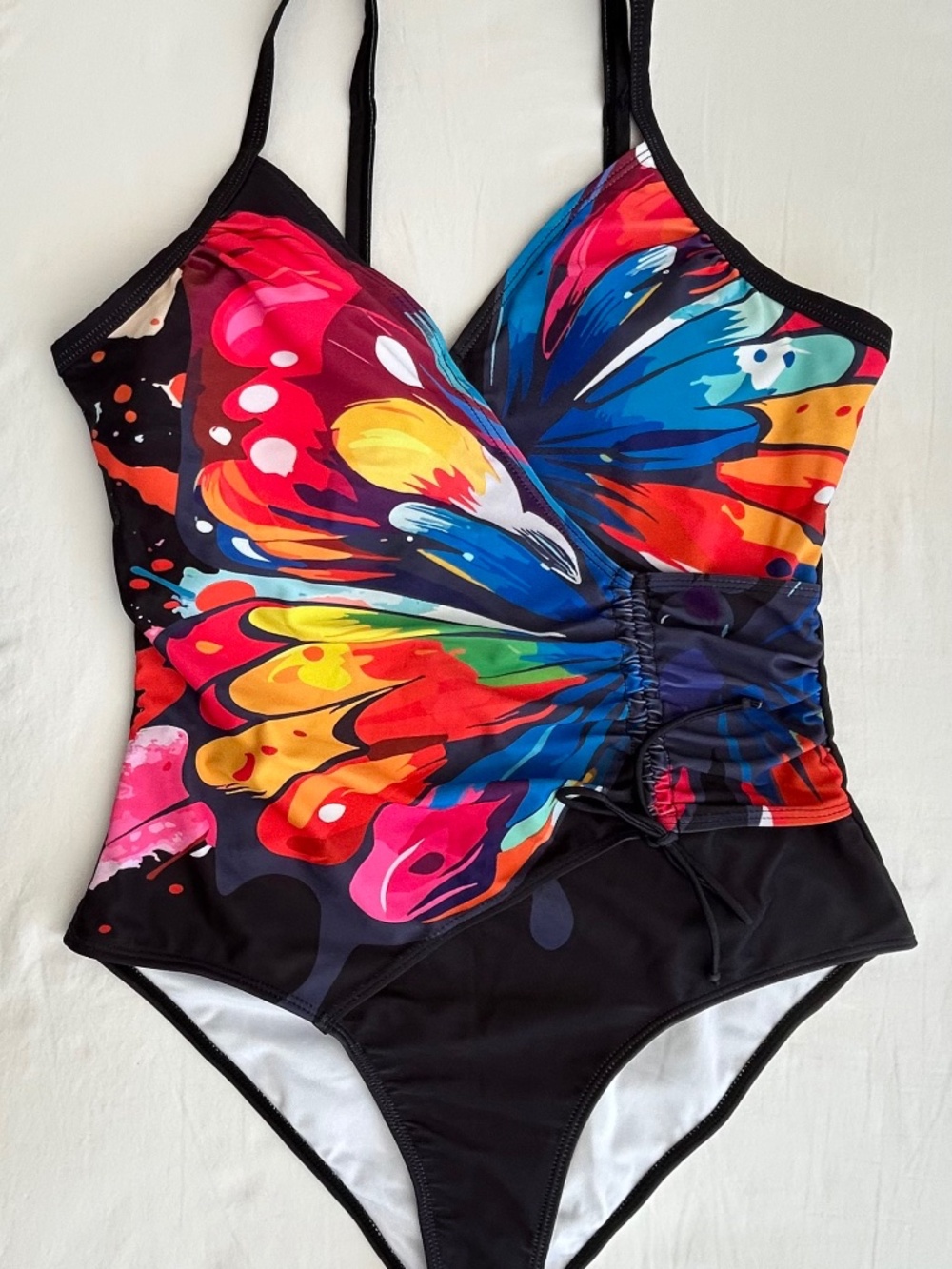 NWOT Women's XL One-Piece Swimsuit Multicolor Butterfly Print Drawstring Ruched